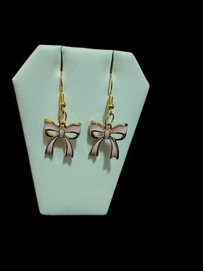 Hand Crafted Gold & Pink Bow Drop Earrings